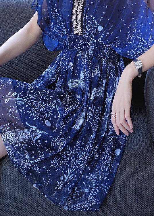 Nail Sleeve Bead Batwing Dresses Chiffon V Print Women Neck Blue FashionChic