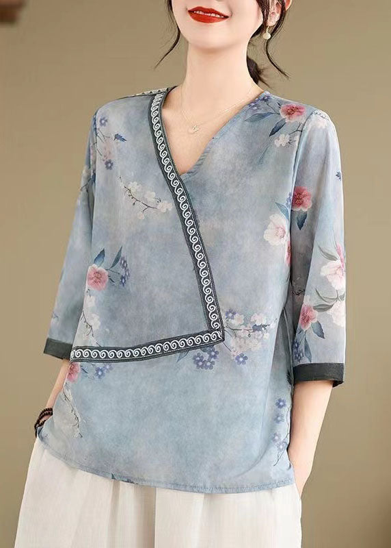 Women Blue V Neck Print Patchwork Cotton Tops Summer AP091 GK-HTP240718