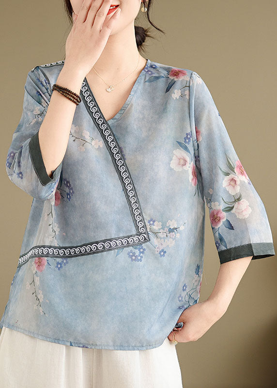 Women Blue V Neck Print Patchwork Cotton Tops Summer AP091 GK-HTP240718