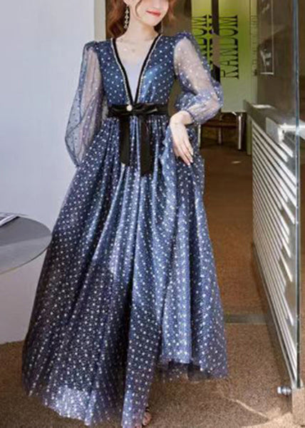 Women Blue V Neck Print Wrinkled Tulle Dress Long Sleeve ZL044 SH-LF-FDL240621