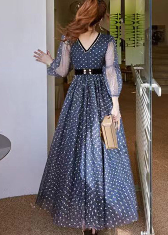 Women Blue V Neck Print Wrinkled Tulle Dress Long Sleeve ZL044 SH-LF-FDL240621