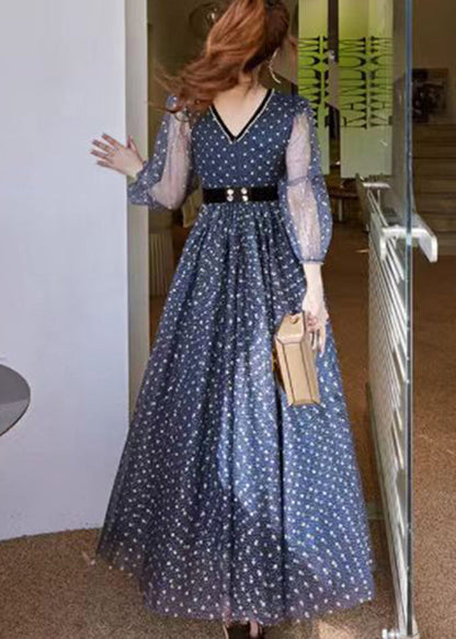 Women Blue V Neck Print Wrinkled Tulle Dress Long Sleeve ZL044 SH-LF-FDL240621