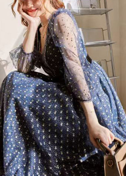 Women Blue V Neck Print Wrinkled Tulle Dress Long Sleeve ZL044 SH-LF-FDL240621