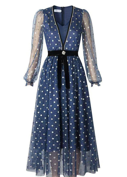 Women Blue V Neck Print Wrinkled Tulle Dress Long Sleeve ZL044 SH-LF-FDL240621