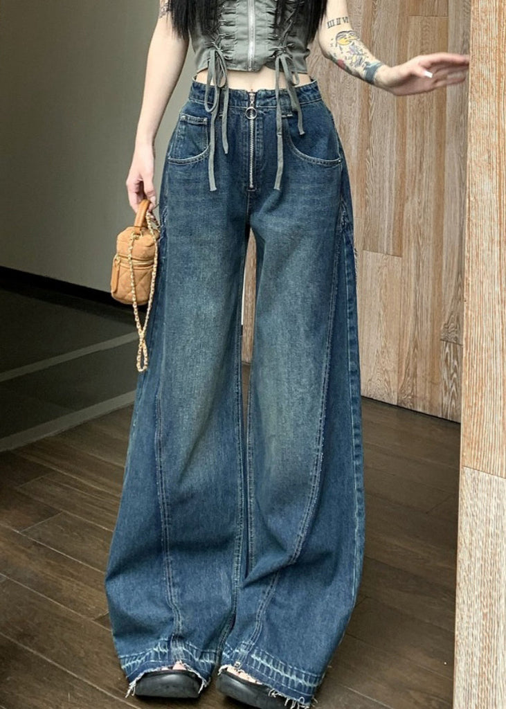 Women Blue Zip Up Pockets Denim Wide Leg Pants Summer PP017 OM-NZ240827