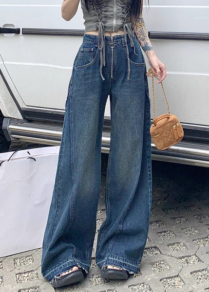 Women Blue Zip Up Pockets Denim Wide Leg Pants Summer PP017 OM-NZ240827