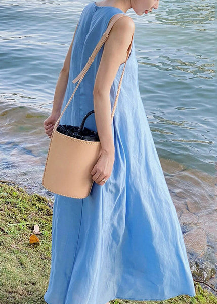 Women Blue Zip Up Solid Cotton Maxi Dress Sleeveless XX084 SH-LF-SDL240611