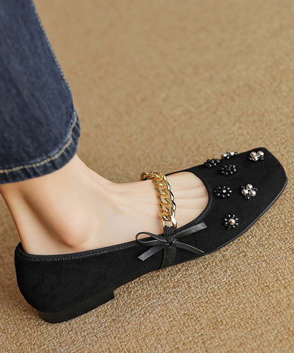 Women Bow Nail Bead Flat Feet Shoes Black Suede AP1056 shoe-PDX240905