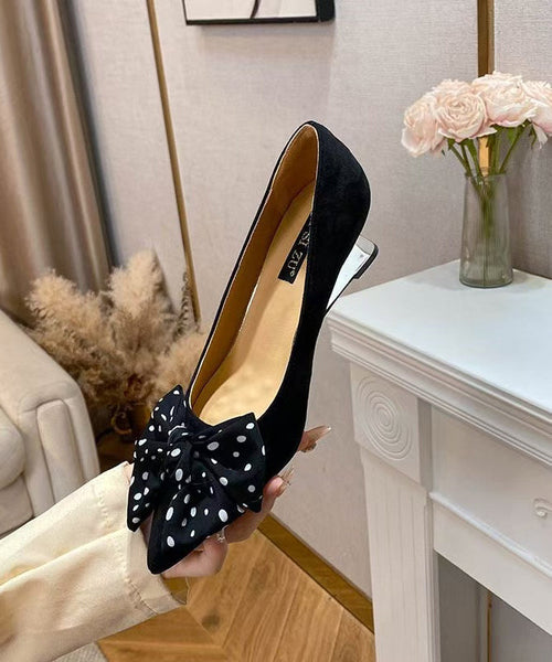 Splicing Wedge Toe Black Pointed Bow Suede Shoes Women FashionChic