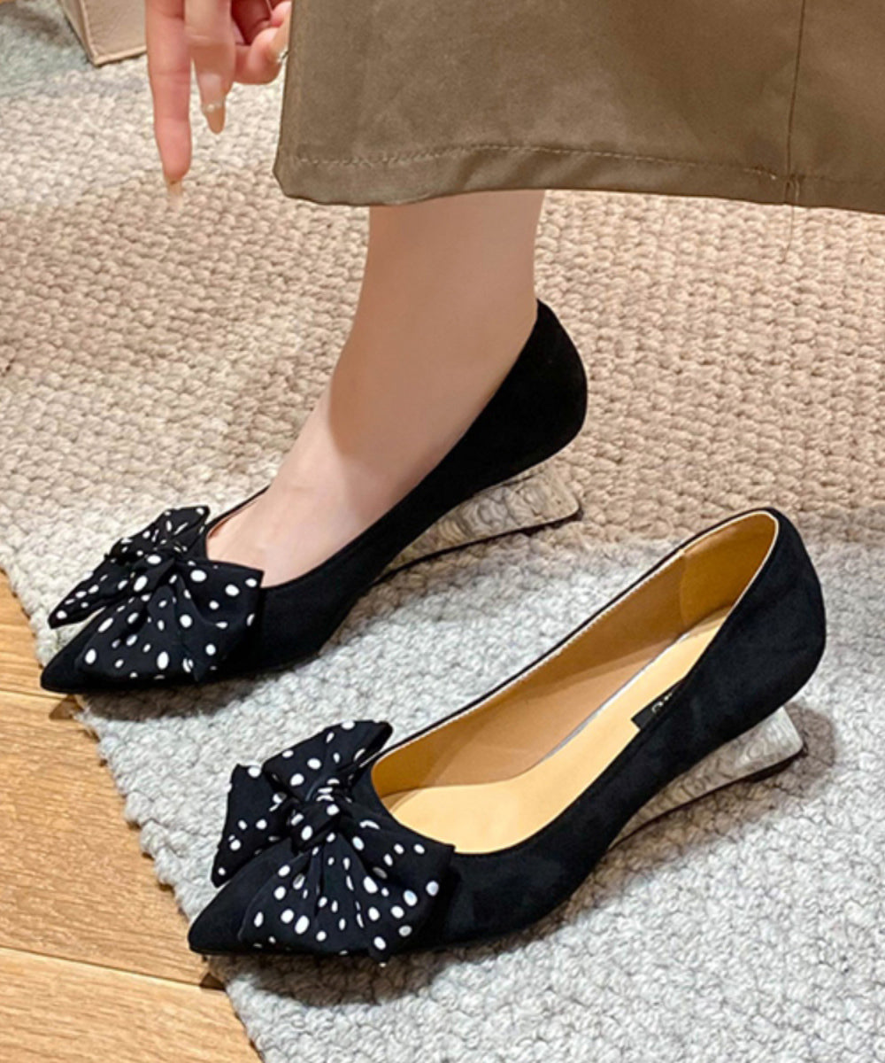 Splicing Wedge Toe Black Pointed Bow Suede Shoes Women FashionChic