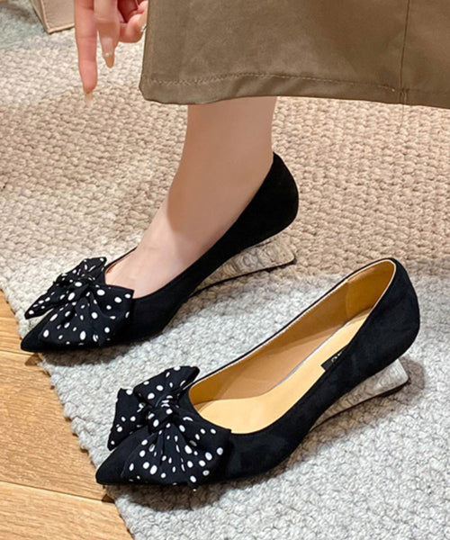 Suede Bow Black Toe Wedge Pointed Women Shoes Splicing FashionChic