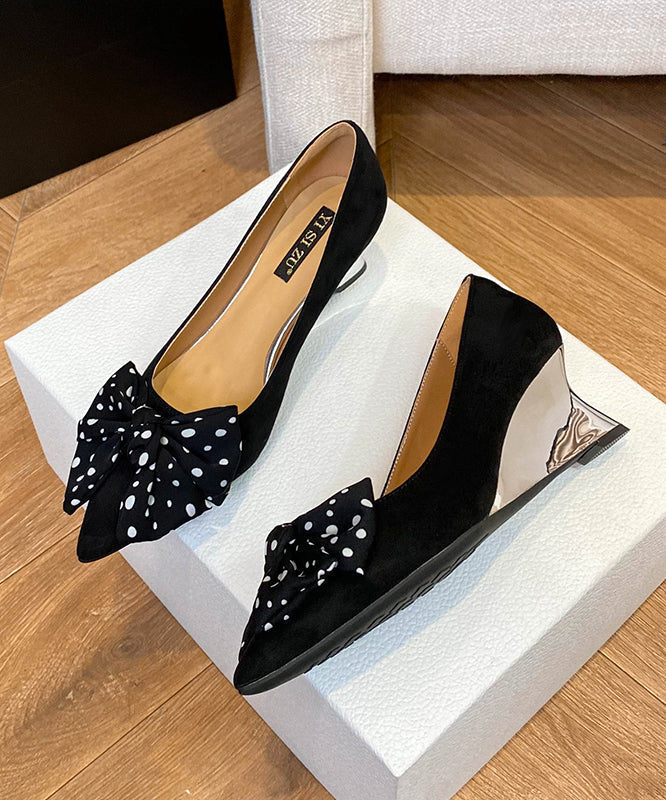 Splicing Wedge Toe Black Pointed Bow Suede Shoes Women FashionChic