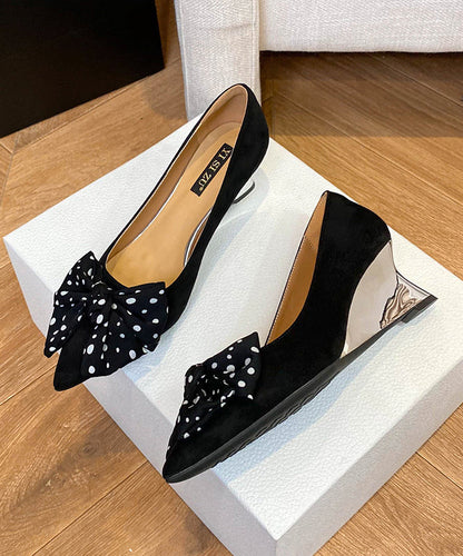 Splicing Wedge Toe Black Pointed Bow Suede Shoes Women FashionChic
