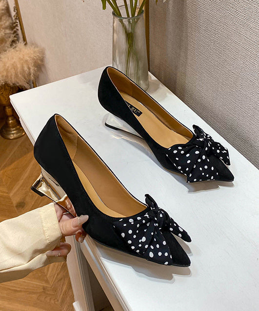 Splicing Wedge Toe Black Pointed Bow Suede Shoes Women FashionChic