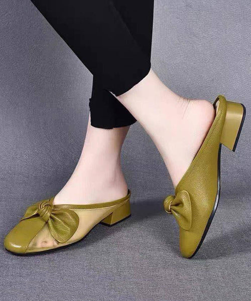 Chunky Leather Cowhide Bow Slide Yellow Women Tulle Splicing FashionChic