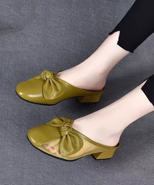 Chunky Leather Cowhide Bow Slide Yellow Women Tulle Splicing FashionChic