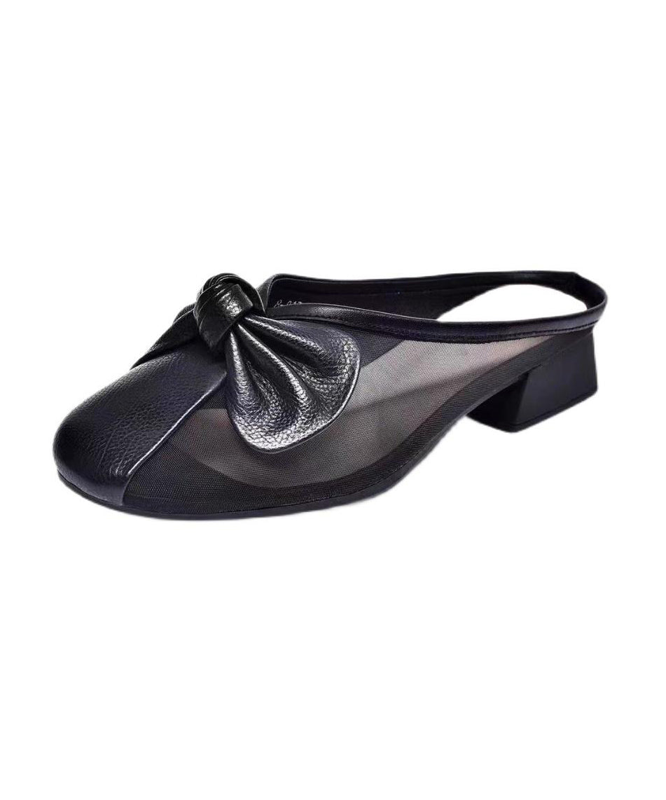 Chunky Leather Cowhide Bow Slide Yellow Women Tulle Splicing FashionChic