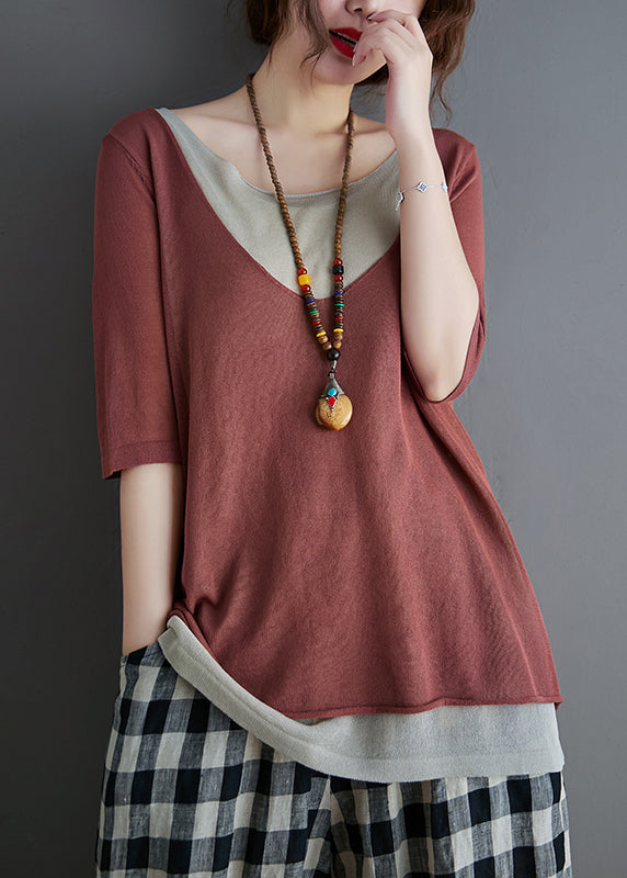 Brick Women Red Patchwork Tanks Knit Summer FashionChic