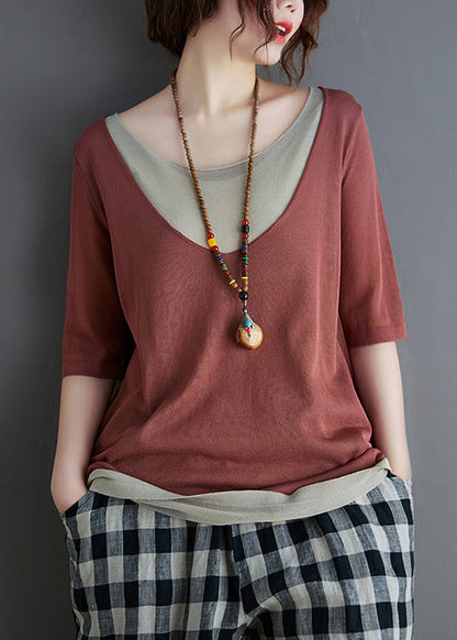 Brick Women Red Patchwork Tanks Knit Summer FashionChic