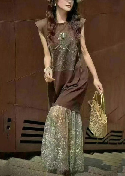 Brown Women Patchwork Lace Dresses Backless Straight Sleeveless FashionChic