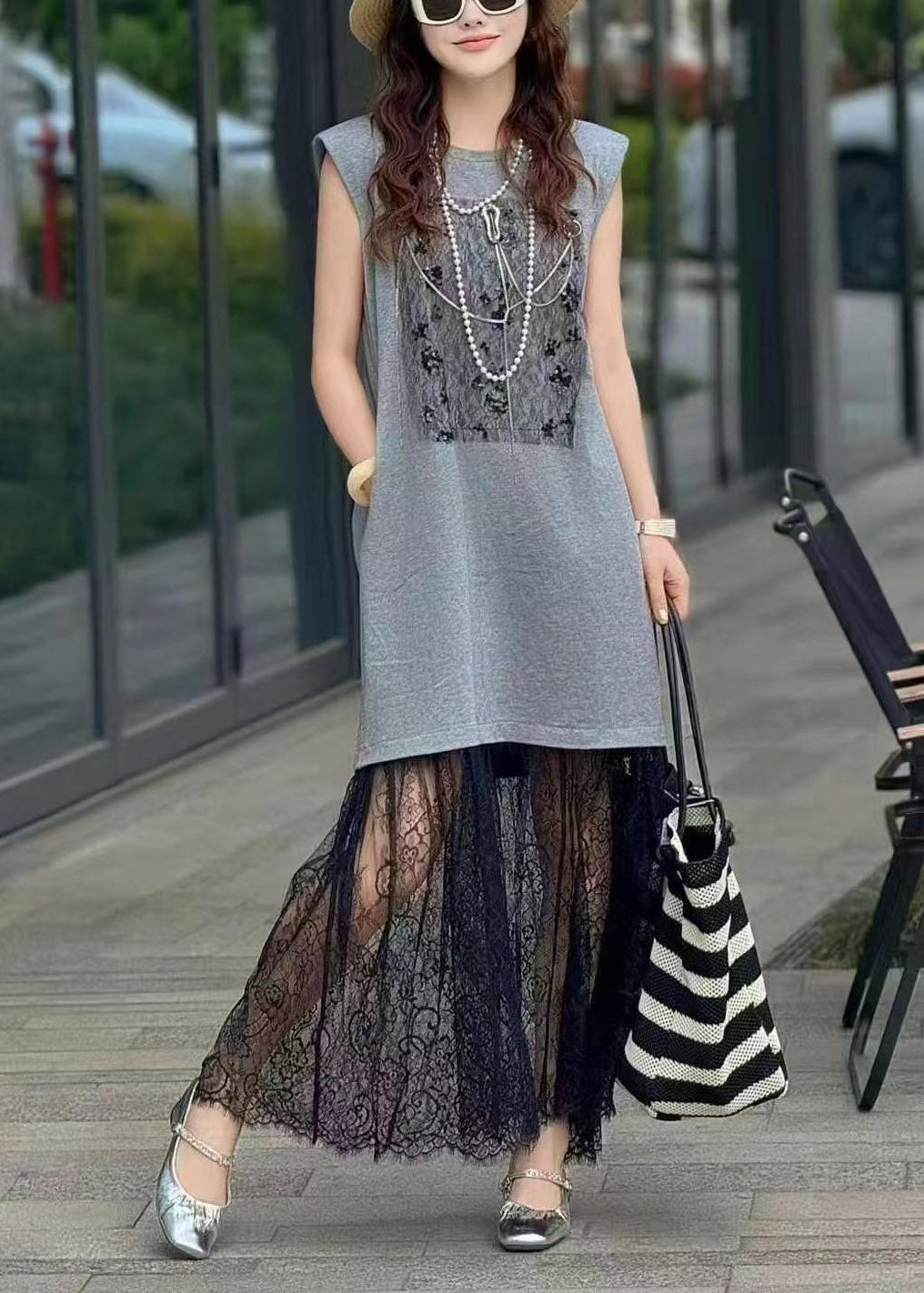 Brown Women Patchwork Lace Dresses Backless Straight Sleeveless FashionChic