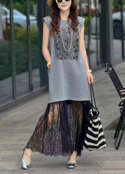 Brown Women Patchwork Lace Dresses Backless Straight Sleeveless FashionChic