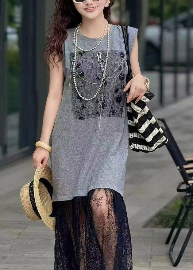 Brown Women Patchwork Lace Dresses Backless Straight Sleeveless FashionChic