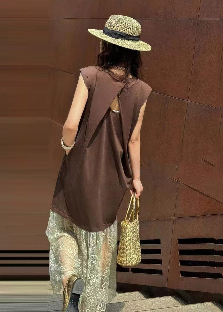 Brown Women Patchwork Lace Dresses Backless Straight Sleeveless FashionChic