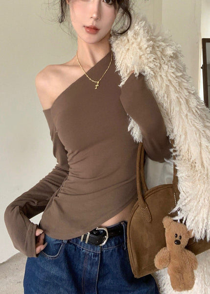 Shoulder One Women Brown Tops Fall Blouse Cotton FashionChic