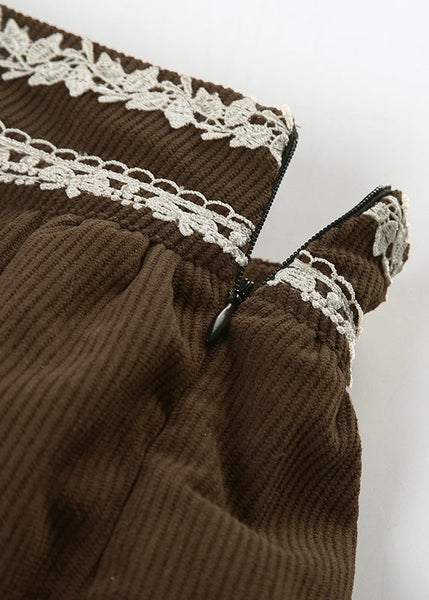 Waist Lace High Skirts Summer Corduroy Women Zippered Brown FashionChic