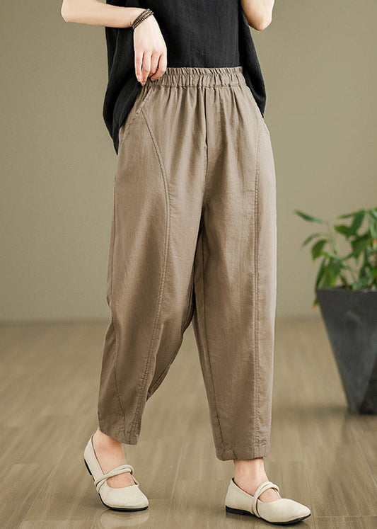 Women Camel Pockets Elastic Waist Cotton Pants Fall QO051 OM-ZS241008