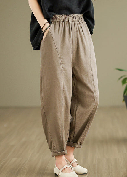 Women Camel Pockets Elastic Waist Cotton Pants Fall QO051 OM-ZS241008