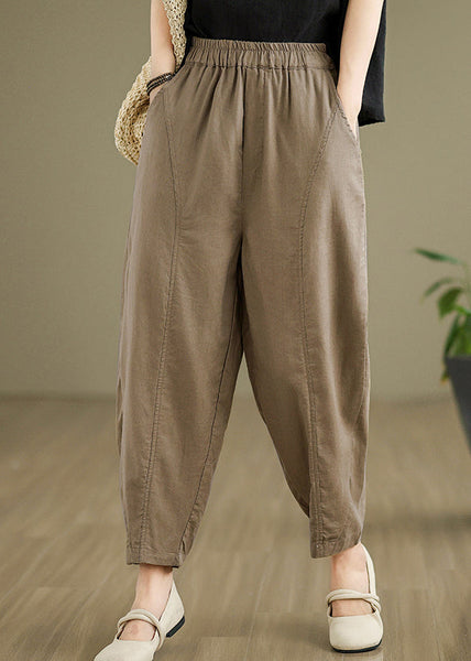 Women Camel Pockets Elastic Waist Cotton Pants Fall QO051 OM-ZS241008
