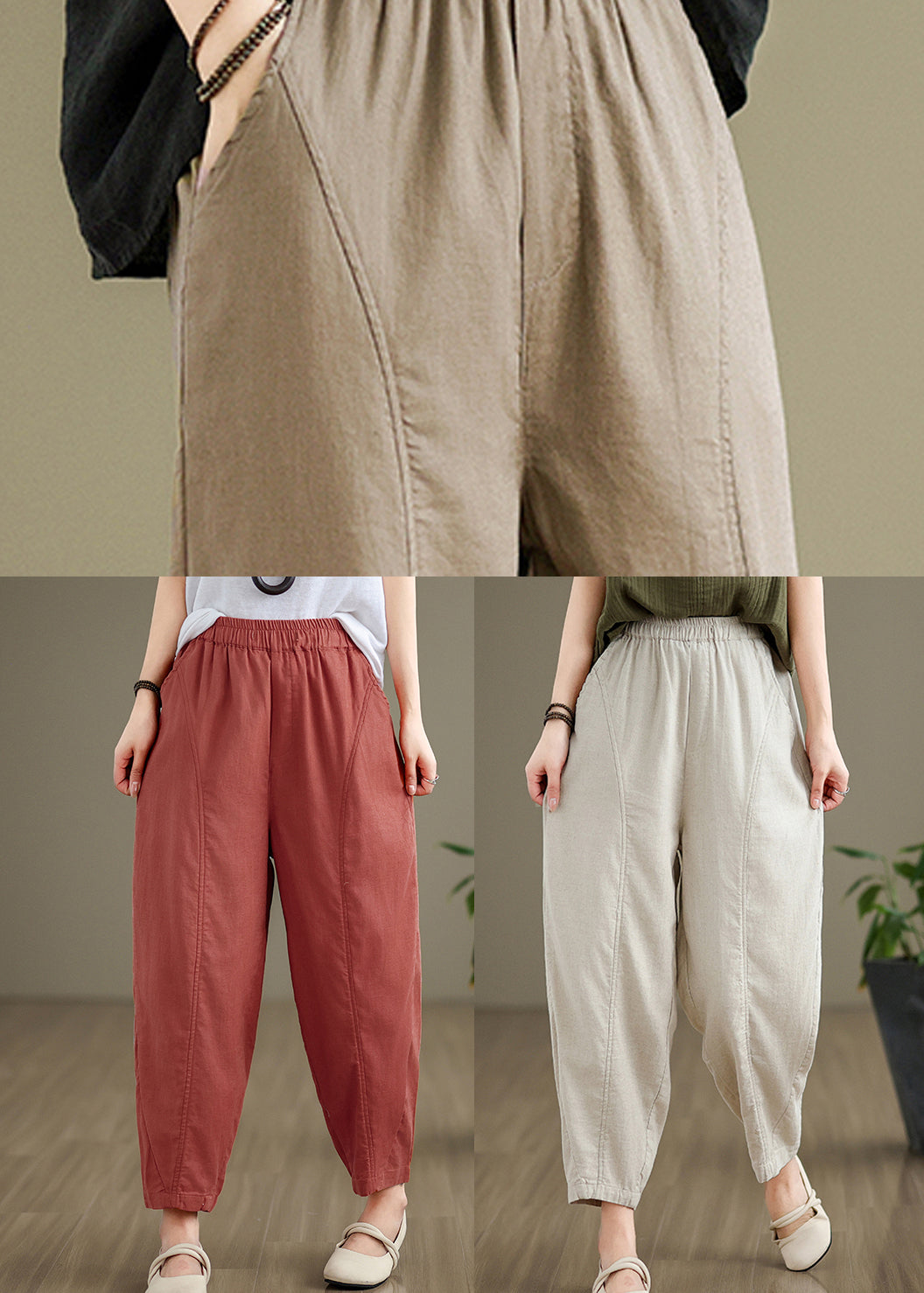 Women Camel Pockets Elastic Waist Cotton Pants Fall QO051 OM-ZS241008