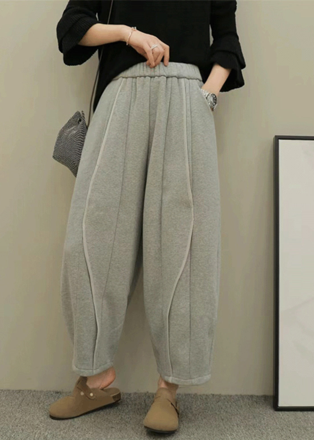 Women Casual Grey Pockets Elastic Waist Patchwork Cotton Pants Fall RU044 ABC