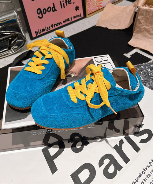 Women Casual Soft Comfy Blue Suede Flat Shoes Splicing Lace Up YC021 ABC