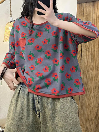 Women Casual Summer Flower Spliced Irregular Hem Shirt Ada Fashion