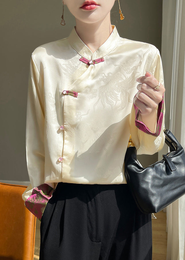 Women Champagne Stand Collar Button Silk Shirts Fall AB1038 Genistyle Shop