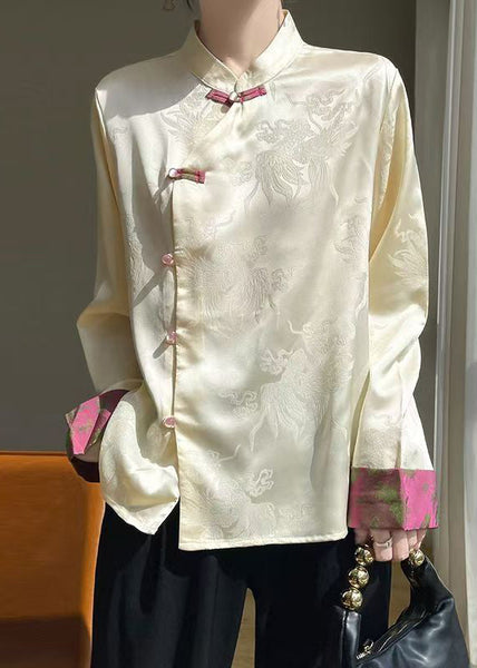 Women Champagne Stand Collar Button Silk Shirts Fall AB1038 Genistyle Shop