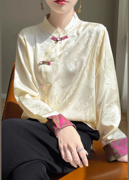 Women Champagne Stand Collar Button Silk Shirts Fall AB1038 Genistyle Shop