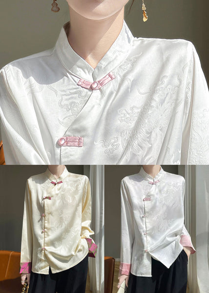 Women Champagne Stand Collar Button Silk Shirts Fall AB1038 Genistyle Shop