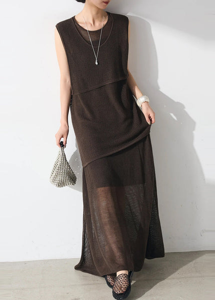Asymmetrical Two Clothing Tulle Set Piece Women Chocolate FashionChic