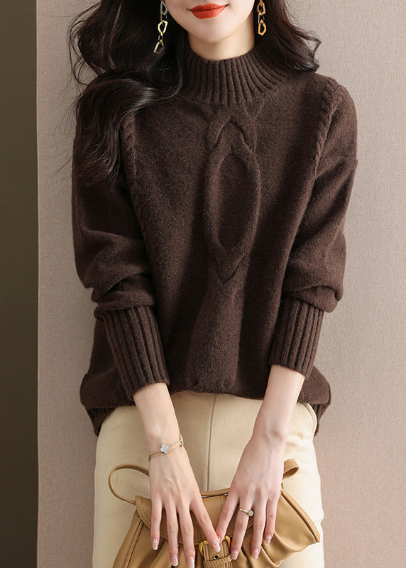 Women Coffee Half Hign Neck Thick Patchwork Knitted Sweaters Fall QL060 OM-OL241021