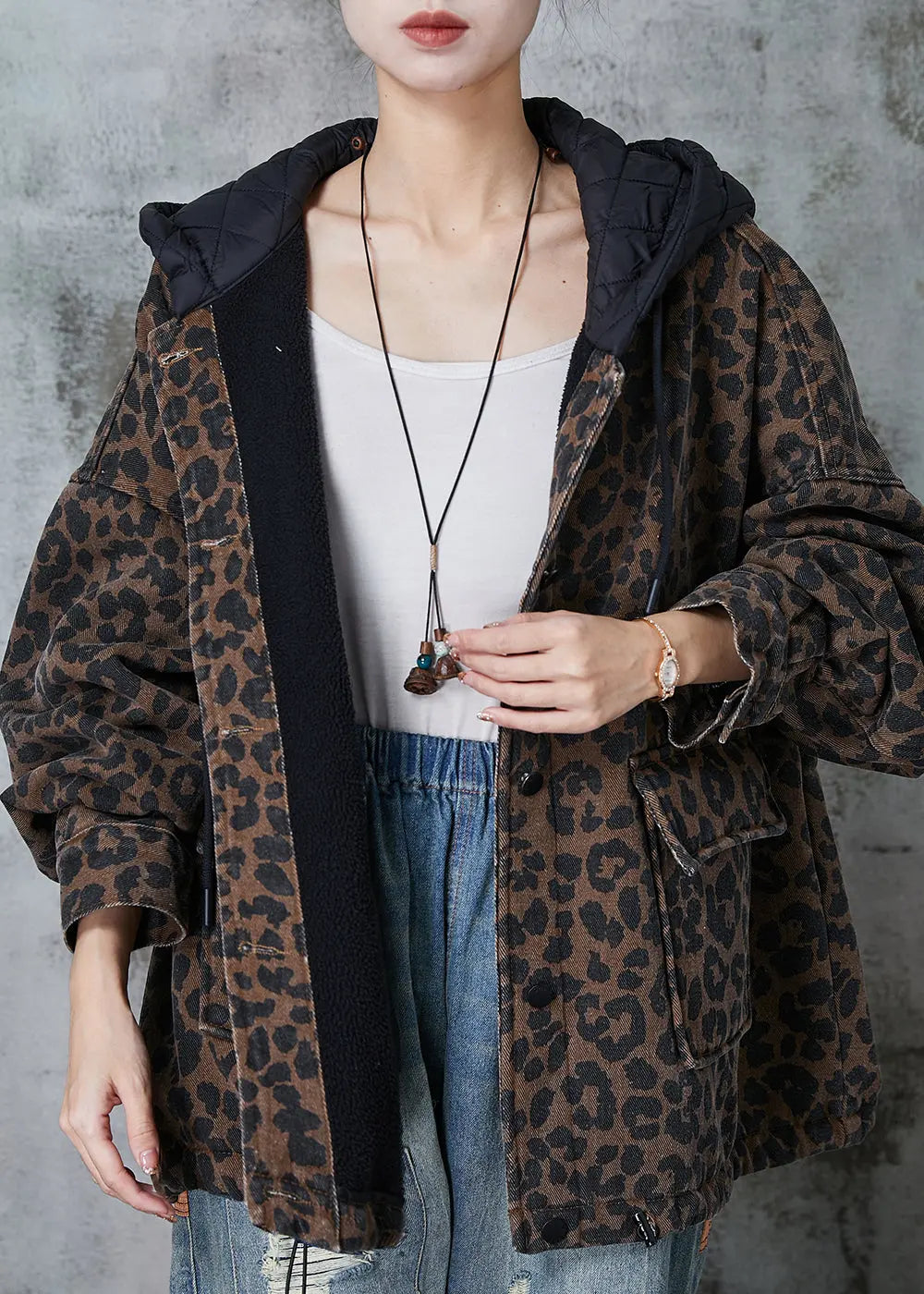 Women Coffee Hooded Leopard Print Warm Fleece Coat Spring Ada Fashion