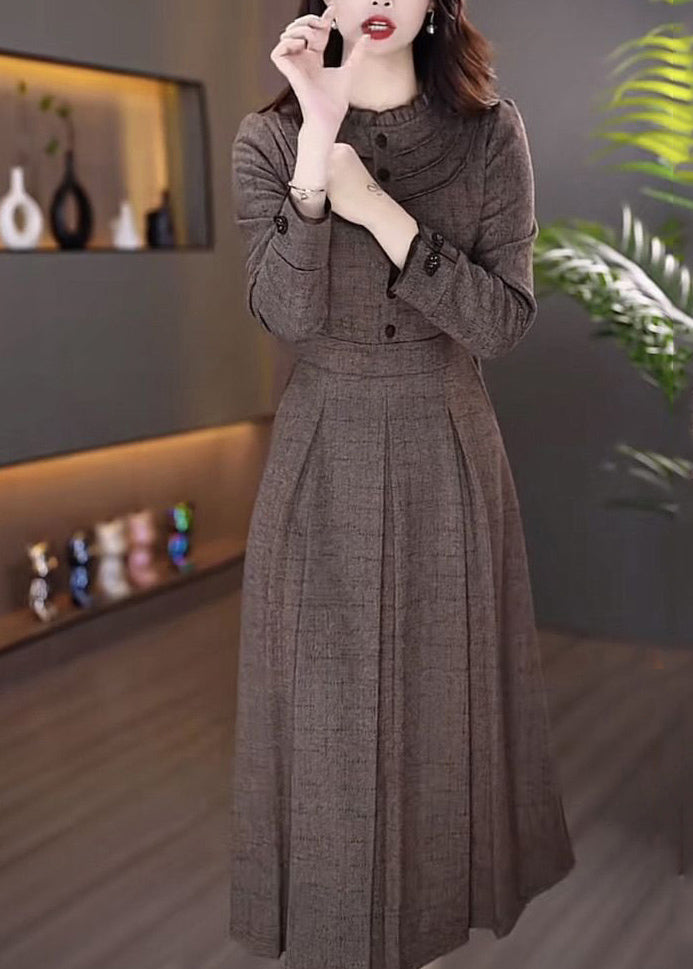 Women Coffee Patchwork Button Maxi Dress Spring RF033 ABC