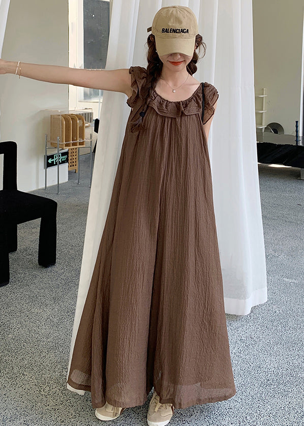 Women Coffee Ruffled High Waist Solid Cotton Jumpsuit Sleeveless MN042 MMDM-JPTS240704