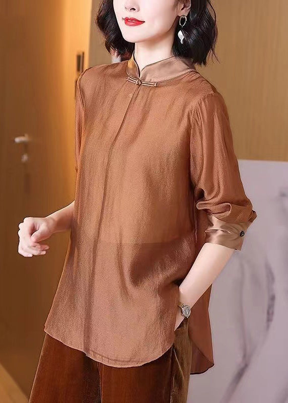Women Coffee Stand Collar Button Cotton Shirt Spring Ada Fashion