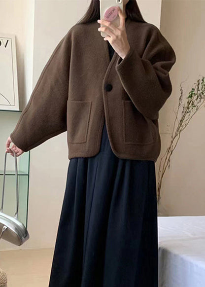 Women Coffee V Neck Pockets Woolen Short Coat Winter RS026 ABC