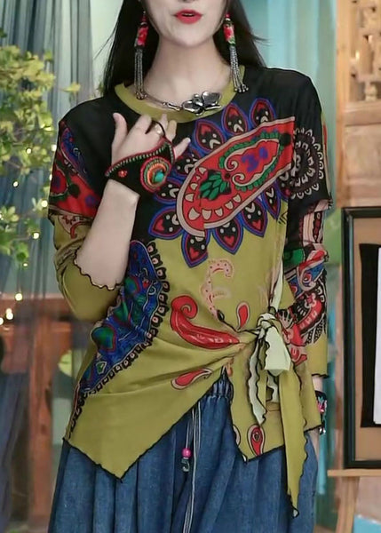 Women Colorblock Print Lace Up Cotton Top Long Sleeve ZL028 SH-LF-LTP240621