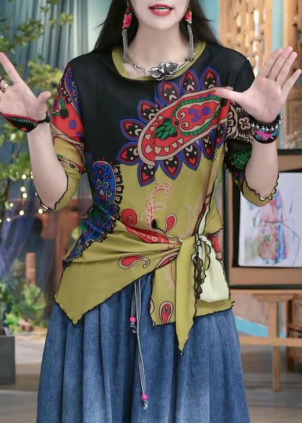 Women Colorblock Print Lace Up Cotton Top Long Sleeve ZL028 SH-LF-LTP240621